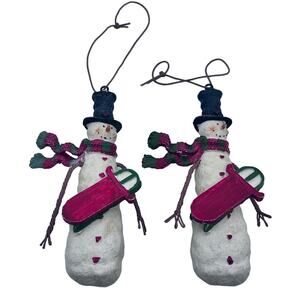 Set of 2 Snowmen Ornaments with Red Sleds, Red & Green Scarves, Black Hats